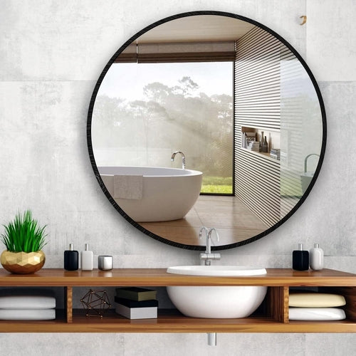 39 Inch Black Metal Framed Round Bathrrom Mirror for Wall.